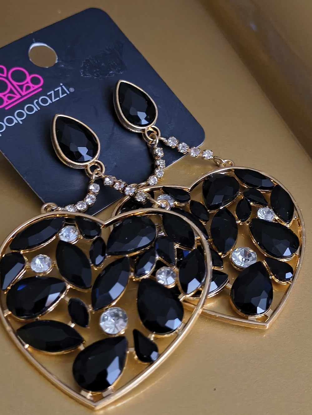 Paparazzi Gold-Tone Black Crystal Heart Drop Earrings
